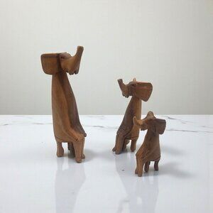 Hand-Carved Wooden Sitting Elephant Figurines Set Of 3 Folk Art Aftrican